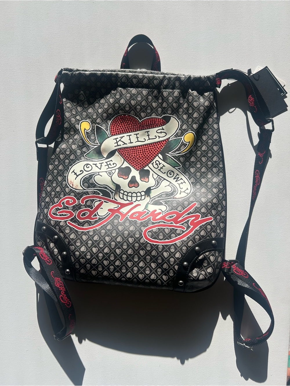 Ed Hardy Black Backpack with Red & Yellow Tattoo Graphic